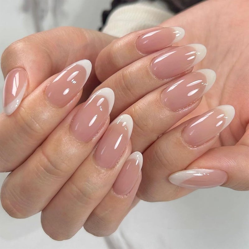 24pcs Short Oval French White Tip Presson Nails With Removable Glue Full Cover False Tips for Women Girls Nail Art Accessories