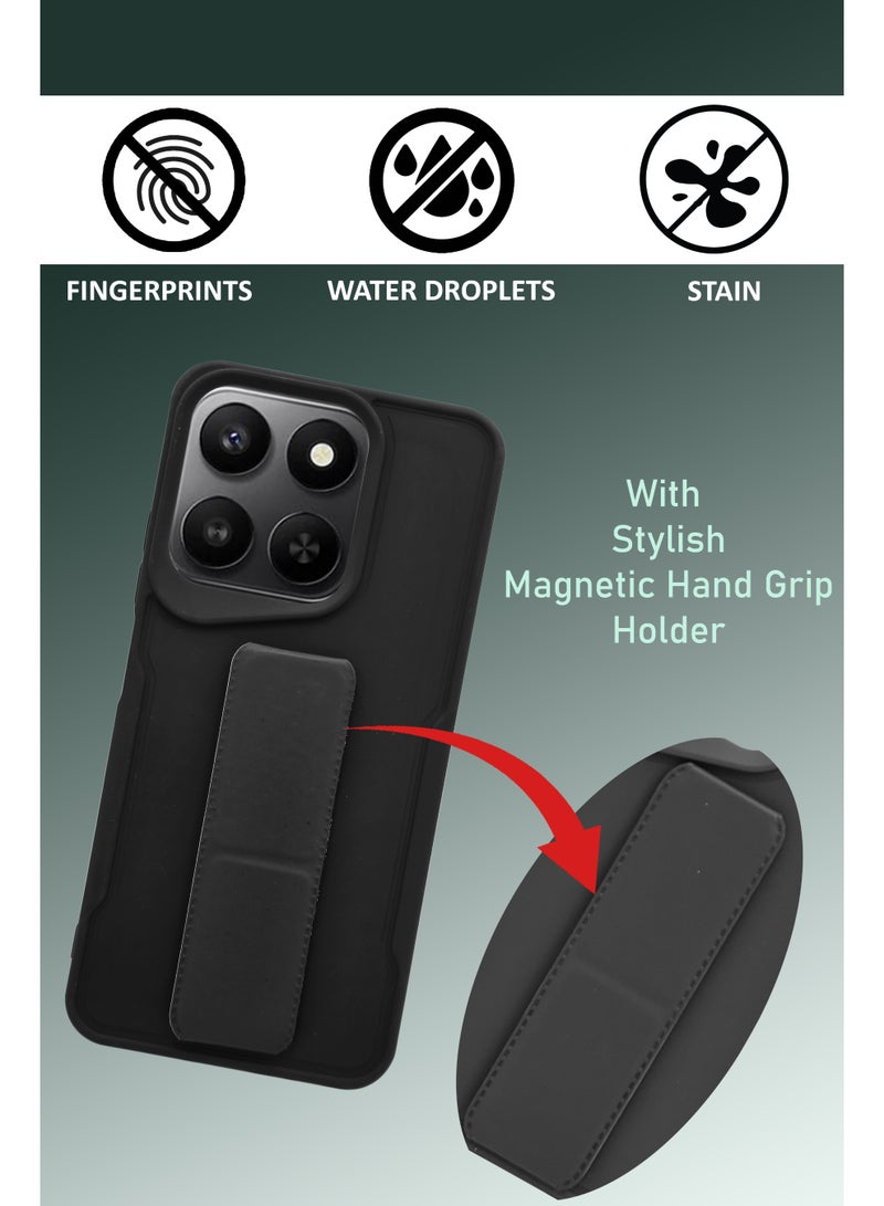 NAFCO For Honor X7d - Hard Silicone Magnetic Back Stand Case  With Foldable Kickstand & Finger Strap - Black - Image 4