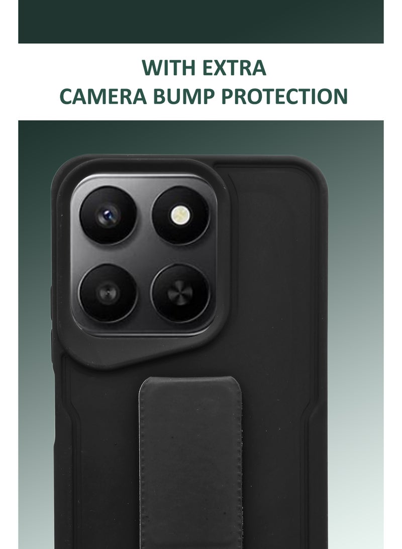NAFCO For Honor X7d - Hard Silicone Magnetic Back Stand Case  With Foldable Kickstand & Finger Strap - Black - Image 3