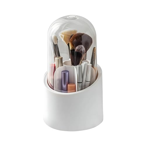 FOKRIM Makeup Brush Holder Organizer with Lid 360 Rotating Dustproof Makeup Brushes Container with Clear Acrylic Cover, Spinning Cosmetics Holders Storage Cup for Vanity (Round) - Image 1