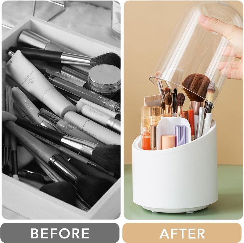 FOKRIM Makeup Brush Holder Organizer with Lid 360 Rotating Dustproof Makeup Brushes Container with Clear Acrylic Cover, Spinning Cosmetics Holders Storage Cup for Vanity (Round) - Image 4