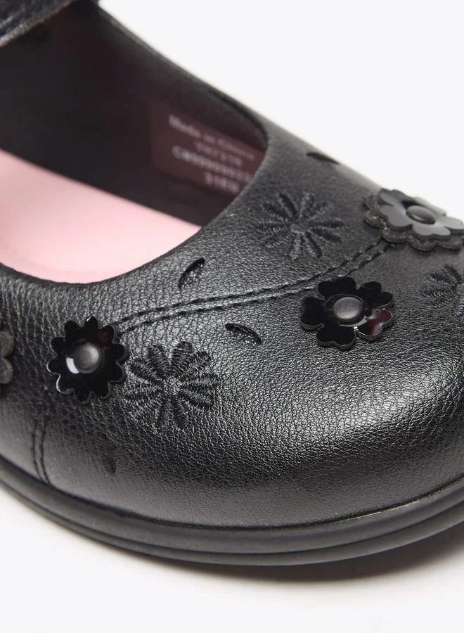 JUNIORS Flower Applique Mary Jane Shoes with Hook and Loop Closure