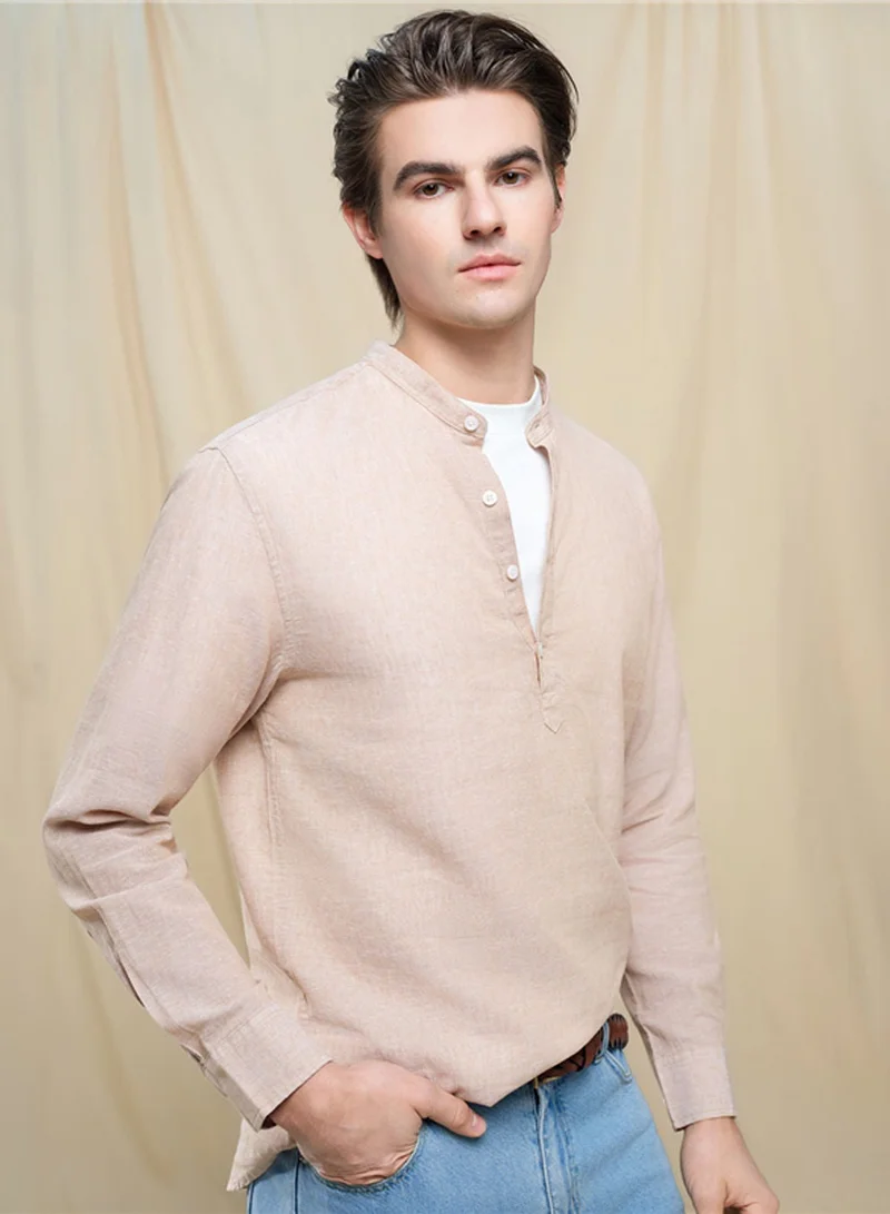 جيوردانو Men's Linen Cotton Band Collar Shirt