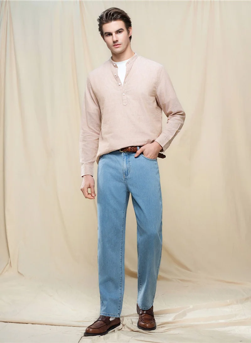 جيوردانو Men's Linen Cotton Band Collar Shirt