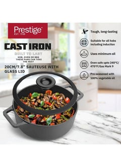 Prestige طاجن حديد زهر بريستيج 20 سم | وعاء طهي بالحث مع غطاء زجاجي | وعاء برياني بقاع ثقيل | أدوات طبخ حديد زهر مُتَبَلَة مسبقًا، أسود - PR48896  - Image 5