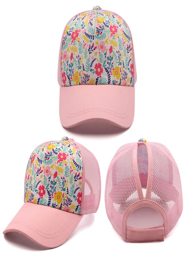 ProMindFun Girls Pony Hat Distressed High Ponytail Messy Bun Baseball Caps Kids Trucker Floral Sun Protection Hats Biking Cap(4-10years) - Image 1