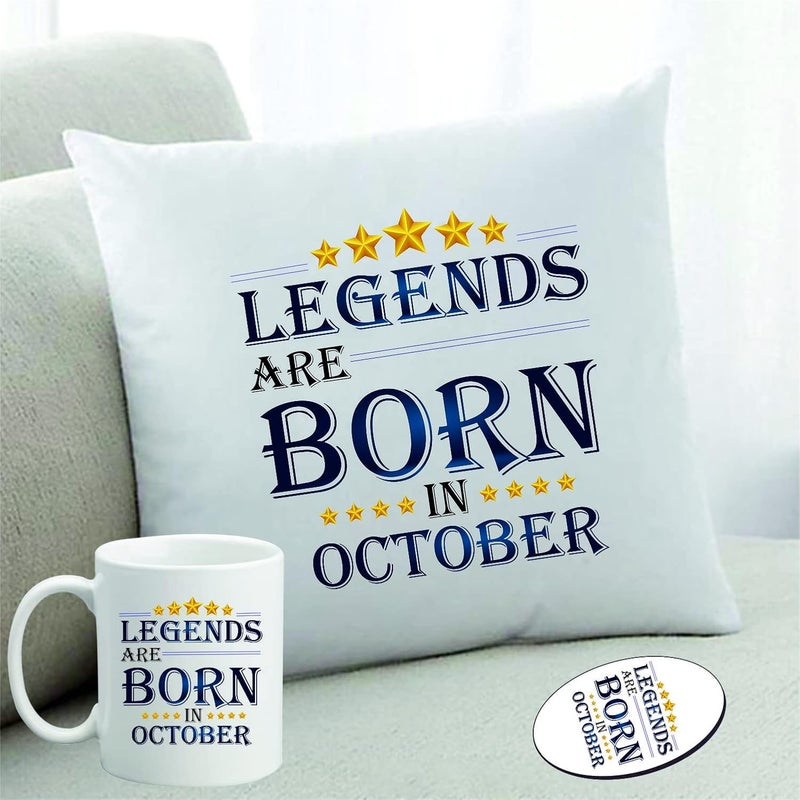 PICRAZEE PICRAZEE Legends are Born in October Happy Birthday Gift Combo Set 1 Printed 12 x 12 Satin Cushion with Filler 1 Coffee Mug 1 Fridge Magnet October CMF - Image 1
