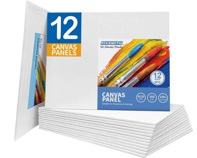 FIXSMITH Canvas Boards for Painting 8x10 Inch, Super Value 12 Pack White Blank Canvas Panels, 100% Cotton Primed, Painting Art Supplies for Professionals, Hobby Painters, Students & Kids - Image 1