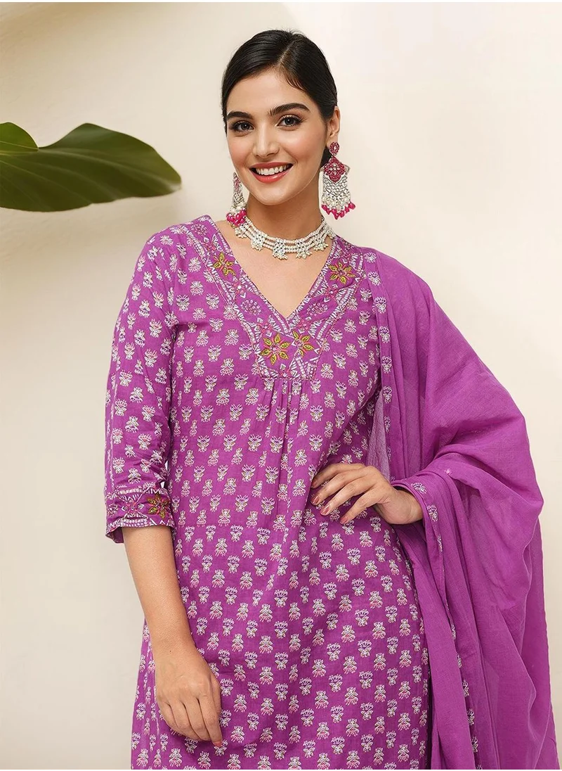 ISHIN Women's Lilac 100% Cotton Embellished Tunic Full Length Casual Straight Fit Kurta Set