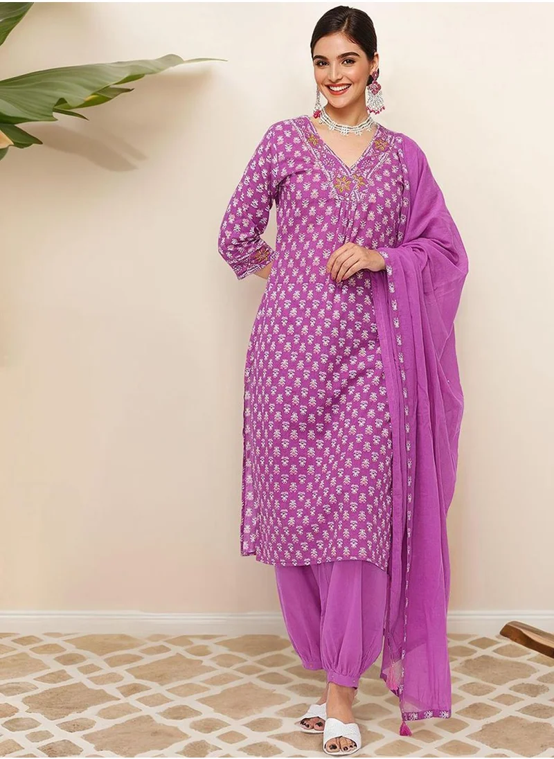 ISHIN Women's Lilac 100% Cotton Embellished Tunic Full Length Casual Straight Fit Kurta Set