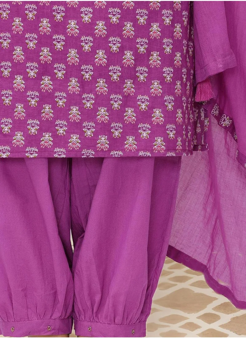 ISHIN Women's Lilac 100% Cotton Embellished Tunic Full Length Casual Straight Fit Kurta Set