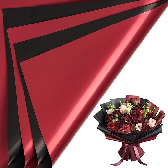 Velme craft 10 Sheets Flower Wrapping Paper, 22.8x22.8 inch/58x58cm Floral Bouquet Wrapping Paper Double Sided Color Flower Packing Paper for Wedding Graduation Valentine's Day(black and wine) (Black & wine) - Image 5