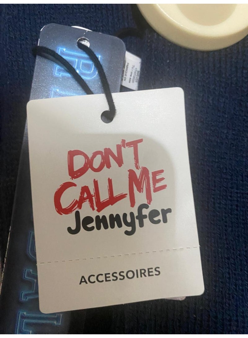 Don't Call Me Jennyfer Knit Scarf - Navy Blue with Yellow Graphic - Image 4