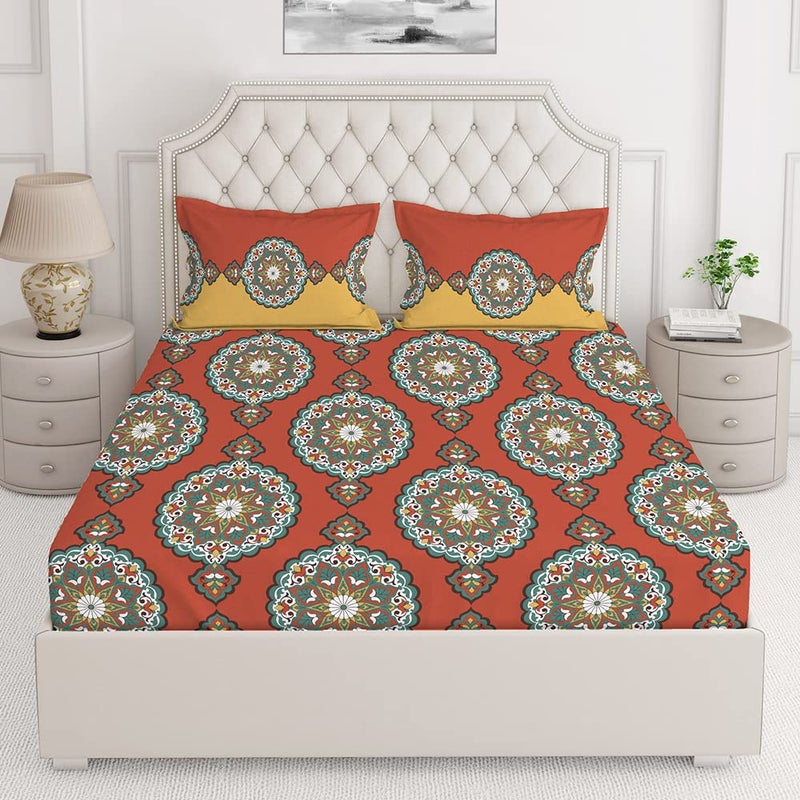 Layers Layers Utsav 100 Cotton Bedsheet Set for All Seasons Lightweight Moisture Absorbent Machine Washable Easy to Care 104 TC Queen Size Reddish Brown Ethnic Pattern