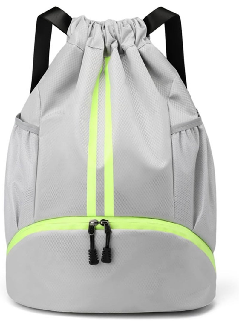 HaDoii Sports Drawstring Gym Bag, Waterproof Drawstring Backpack with Side Mesh Pockets, Sport Bag with Shoes Compartment for Women Men. Grey - Image 1