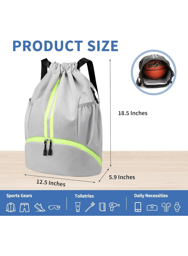 HaDoii Sports Drawstring Gym Bag, Waterproof Drawstring Backpack with Side Mesh Pockets, Sport Bag with Shoes Compartment for Women Men. Grey - Image 3