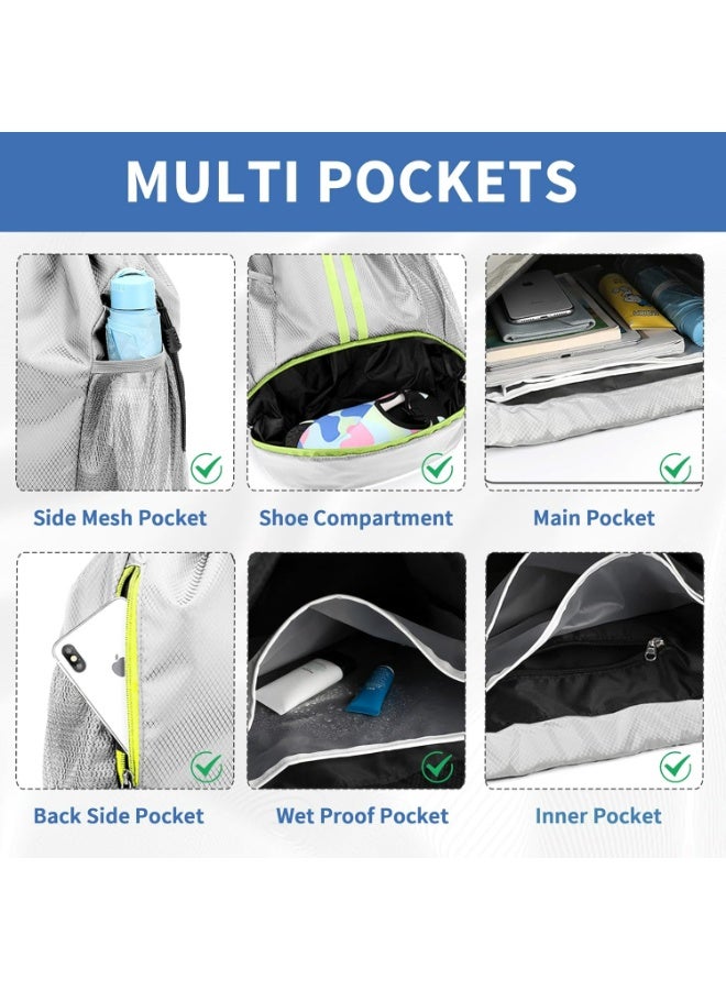 HaDoii Sports Drawstring Gym Bag, Waterproof Drawstring Backpack with Side Mesh Pockets, Sport Bag with Shoes Compartment for Women Men. Grey - Image 4