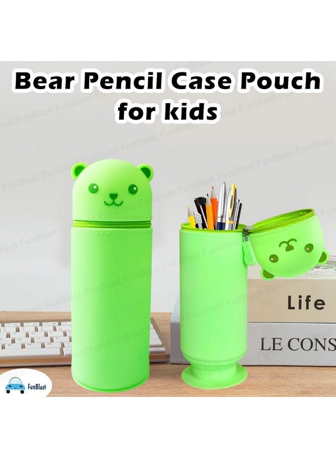 فنبلاست حقيبة أقلام سيليكون من فن بلاست - حقيبة أقلام على شكل دب، حقيبة أقلام وأقلام رصاص للوازم المدرسية، حقيبة تنظيم أدوات مكتبية، هدايا إرجاع للأطفال (أخضر) - Image 4