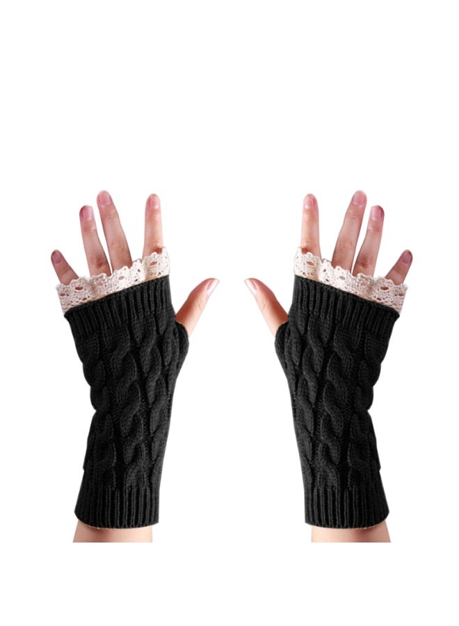 قفازات شتوية ناعمة للسيدات بدون أصابع مع فتحة للإبهام ومزينة بالدانتيل - Image 2