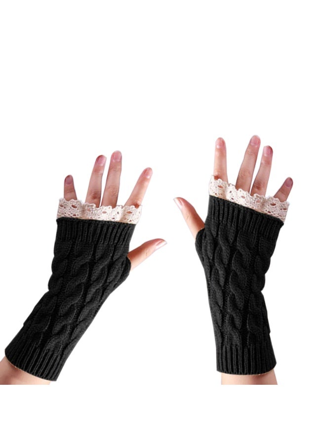 قفازات شتوية ناعمة للسيدات بدون أصابع مع فتحة للإبهام ومزينة بالدانتيل - Image 1