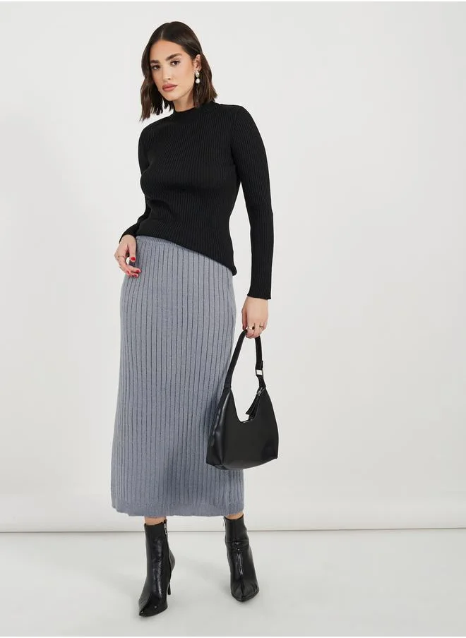 Styli Ribbed Knit Midi Skirt with Side Slit