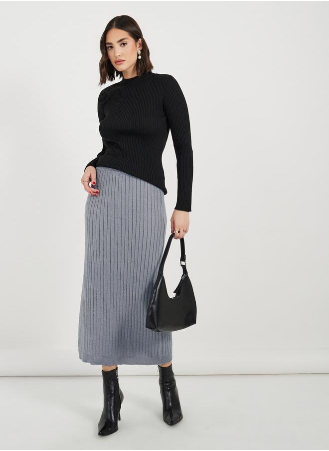 Styli Ribbed Knit Midi Skirt with Side Slit  - Image 1
