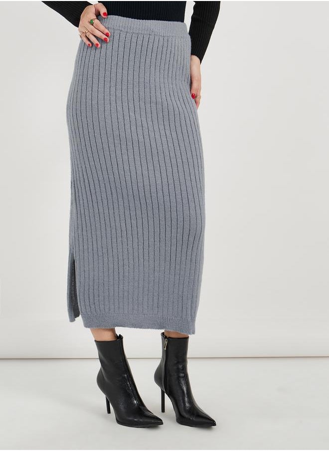Styli Ribbed Knit Midi Skirt with Side Slit  - Image 2