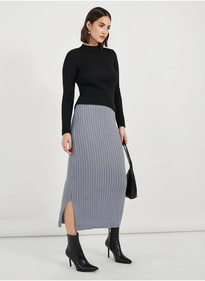 Styli Ribbed Knit Midi Skirt with Side Slit