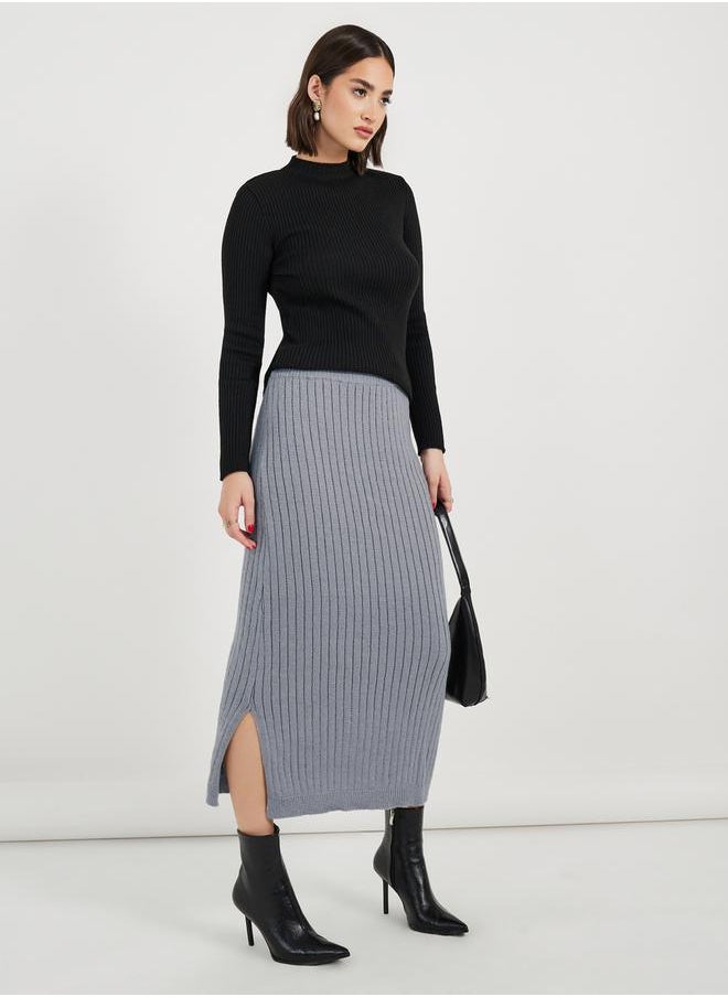 Styli Ribbed Knit Midi Skirt with Side Slit  - Image 3