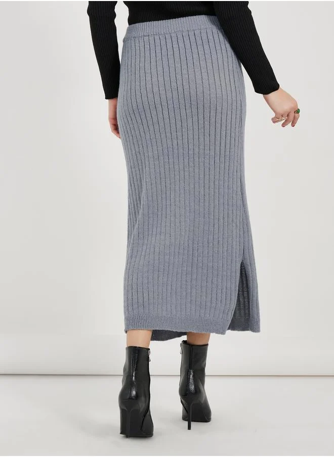 Styli Ribbed Knit Midi Skirt with Side Slit
