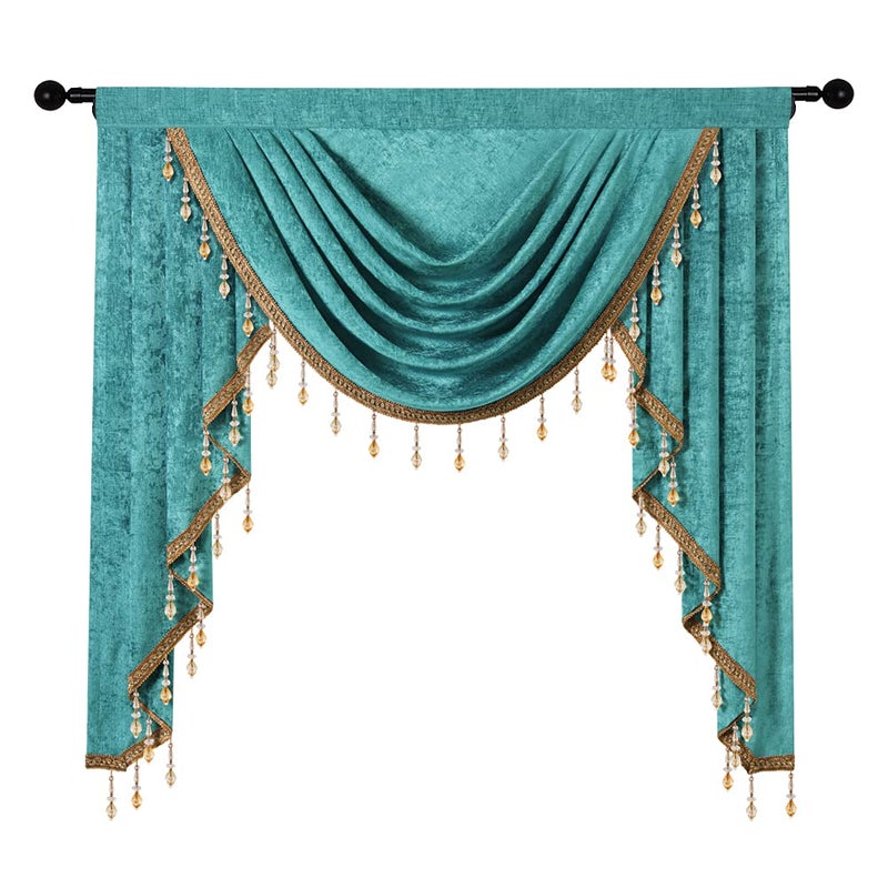 ELKCA DoubleSided Chenille Valance for Living RoomTurquoise Curtains Valance with Gold Beads for BedroomRod PocketW39Inch1 Panel