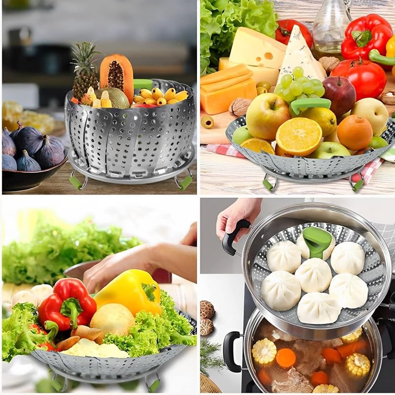 Freshome Stainless Steel Folding Steamer Basket for Vegetable, Fish, Seafood, modak, dumplings, momos Cooking, Expandable to Fit Various Size Pot - (28cm,Sliver) SA006 - Image 2