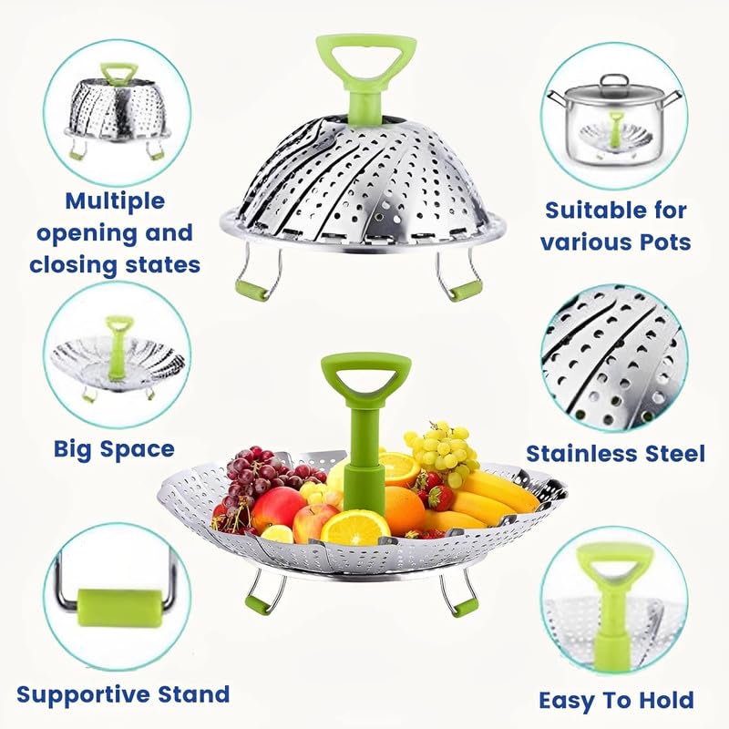 Freshome Stainless Steel Folding Steamer Basket for Vegetable, Fish, Seafood, modak, dumplings, momos Cooking, Expandable to Fit Various Size Pot - (28cm,Sliver) SA006 - Image 4