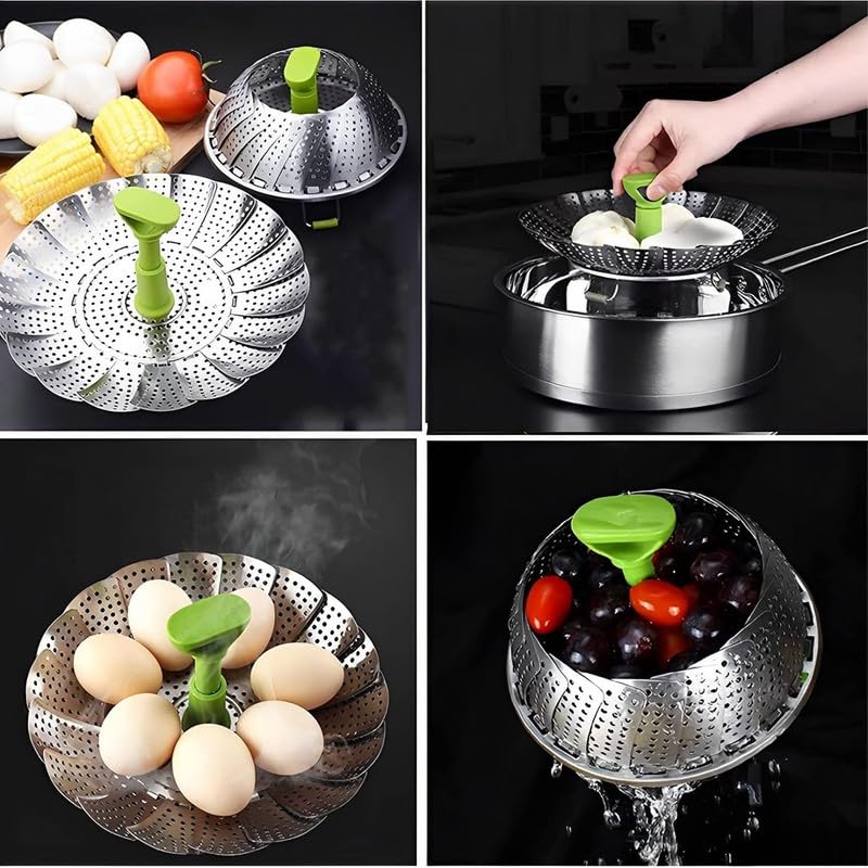 Freshome Stainless Steel Folding Steamer Basket for Vegetable, Fish, Seafood, modak, dumplings, momos Cooking, Expandable to Fit Various Size Pot - (28cm,Sliver) SA006 - Image 3
