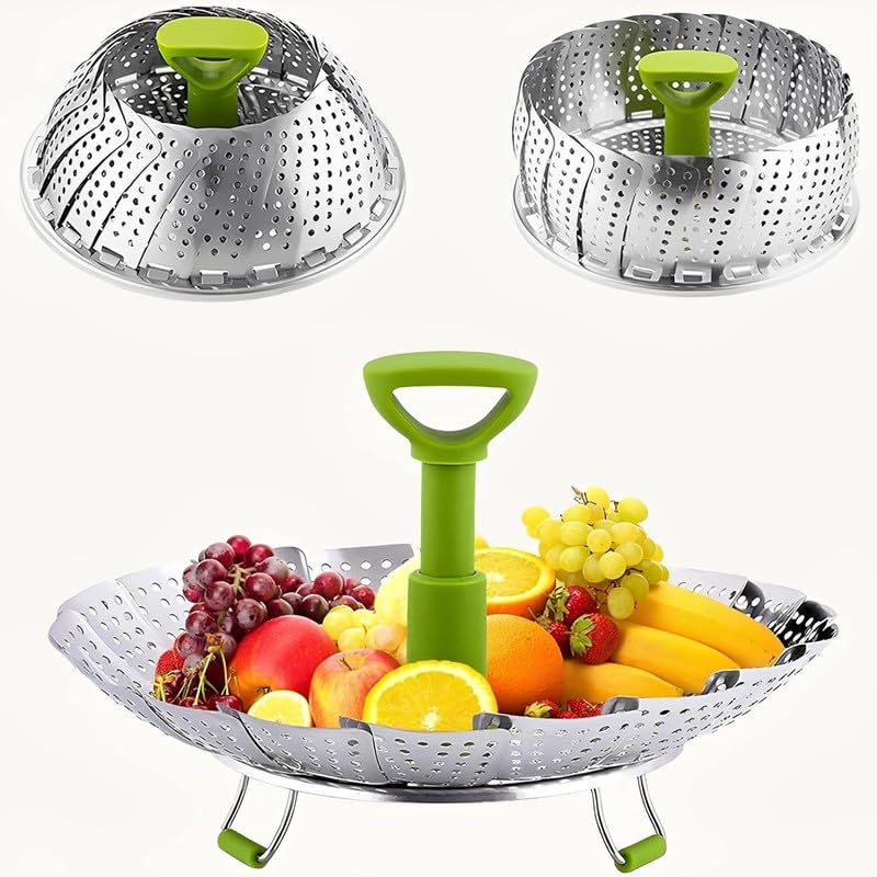 Freshome Stainless Steel Folding Steamer Basket for Vegetable, Fish, Seafood, modak, dumplings, momos Cooking, Expandable to Fit Various Size Pot - (28cm,Sliver) SA006 - Image 1