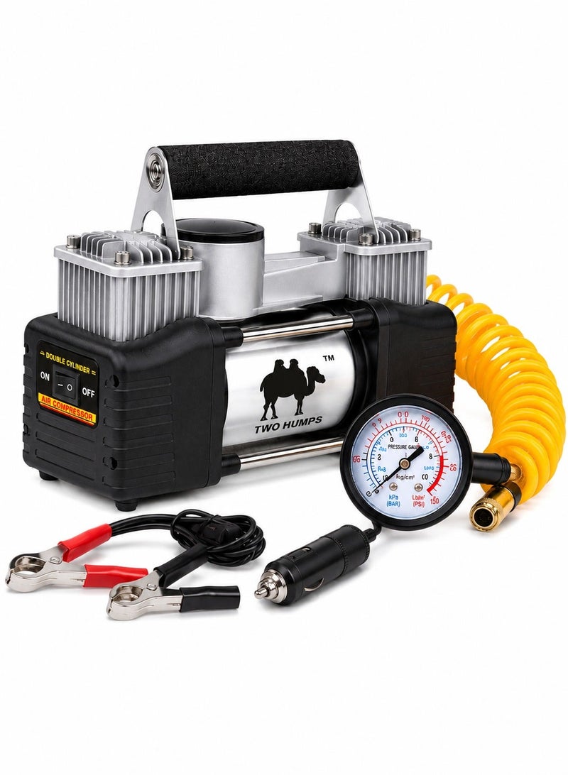 THUNDER Two Humps Thunder Heavy Duty 2 Cylinder 12V DC Air Compressor Portable Car Tyre Inflator Pump with Dual Cylinder, High Pressure Air Pump, Pressure Gauge, Battery Clamps, Coiled Air Hose, Carry Bag for Car SUV 4x4 Off Road Vehicle - Image 1