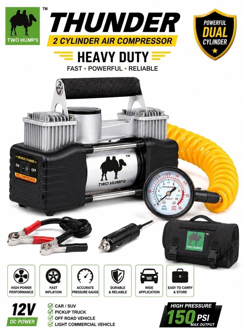 THUNDER Two Humps Thunder Heavy Duty 2 Cylinder 12V DC Air Compressor Portable Car Tyre Inflator Pump with Dual Cylinder, High Pressure Air Pump, Pressure Gauge, Battery Clamps, Coiled Air Hose, Carry Bag for Car SUV 4x4 Off Road Vehicle - Image 2
