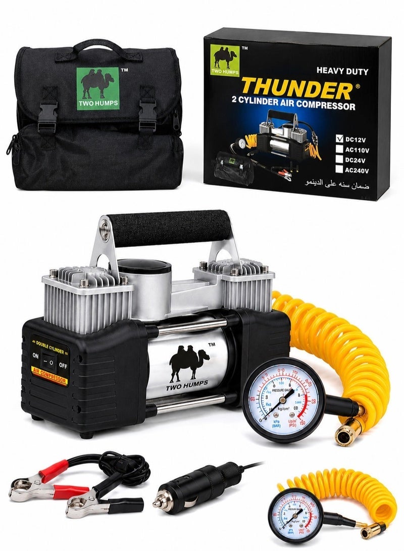 THUNDER Two Humps Thunder Heavy Duty 2 Cylinder 12V DC Air Compressor Portable Car Tyre Inflator Pump with Dual Cylinder, High Pressure Air Pump, Pressure Gauge, Battery Clamps, Coiled Air Hose, Carry Bag for Car SUV 4x4 Off Road Vehicle - Image 3