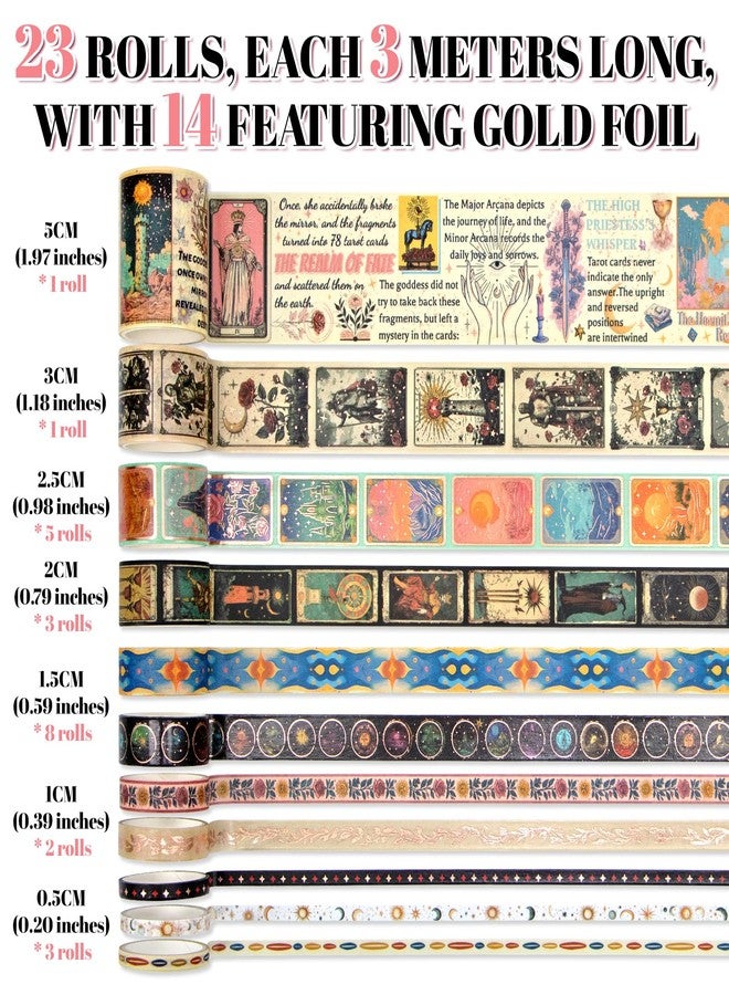 Geesinimo Gold Foil Washi Tape Set - 23 Rolls Tarot Washi Stickers Vintage Decorative Tapes for Journaling Supplies, Scrapbooking, DIY Crafts, Junk Journal, Craft Supplies(Celestial Symbols/ Starry/ Magic) - Image 2