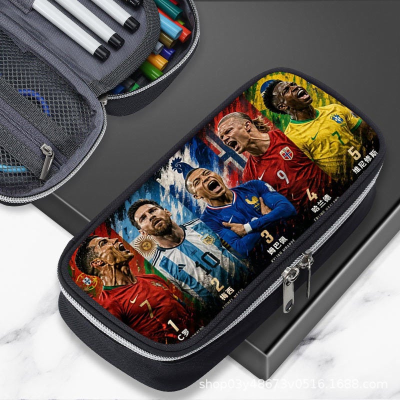 Cross-Border 2026 World Cup Football Stationery Box Pencil Case Ronaldo Messi Haaland Mbappe Large Capacity Pencil Case - Image 1