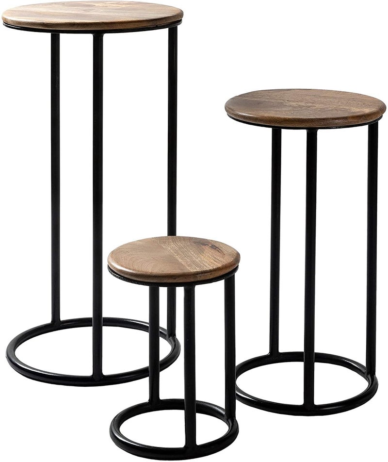 Generic Indian Decor RW886 Iron Wood Hand Crafted Nesting Plant Stands 3 Piece Set Black Modern Contemporary Metal Lacquer Handmade  - Image 1