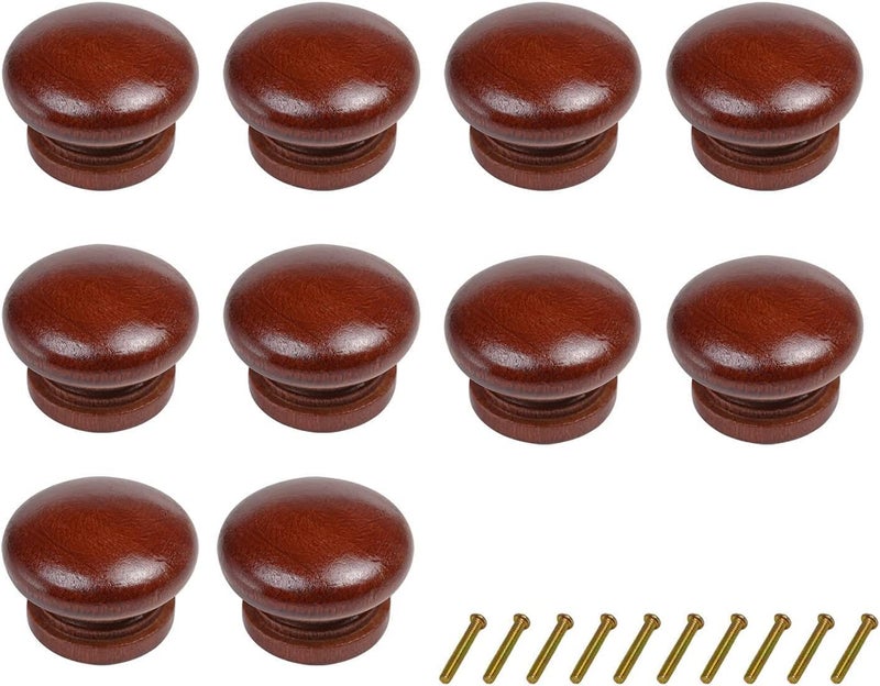 Metany 10PCS Round Wood Drawer Knob Red Brown Color,Dresser Furniture Drawers 33mm Dia, Cabinet Pulls Handles with Screws Hardware for Drawer Wardrobe Dresser - Image 1