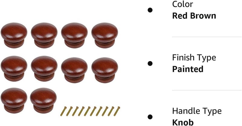 Metany 10PCS Round Wood Drawer Knob Red Brown Color,Dresser Furniture Drawers 33mm Dia, Cabinet Pulls Handles with Screws Hardware for Drawer Wardrobe Dresser - Image 2