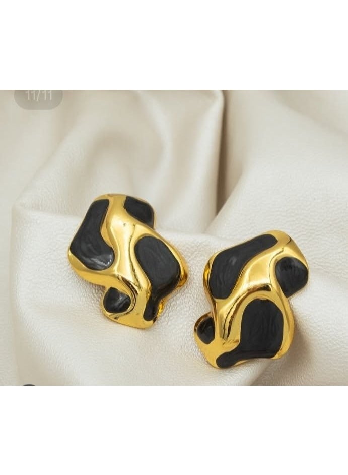 Gold and Black Abstract Stud Earrings, Irregular Shape, Two-Tone Enamel Finish - Image 1