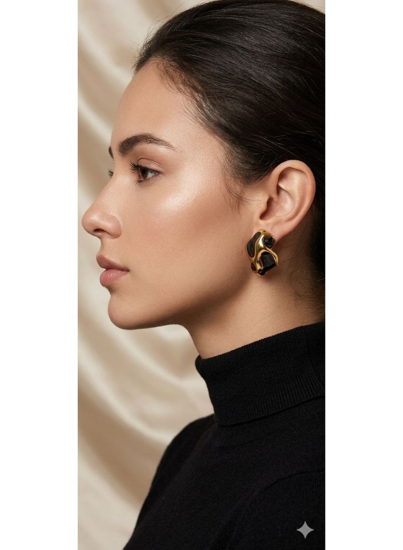 Gold and Black Abstract Stud Earrings, Irregular Shape, Two-Tone Enamel Finish - Image 2