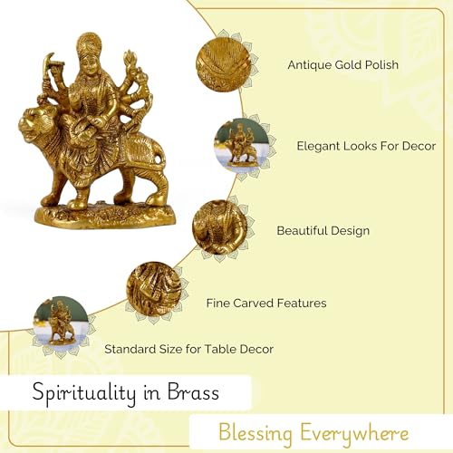 CRAFTHUT Brass Durga Maa Idol – 5.3Inch (850g) Goddess Sherawali Statue Sitting on Lion for Home Temple, Office & Navratri Pooja Décor - Image 2