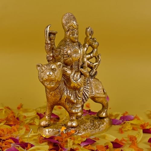 CRAFTHUT Brass Durga Maa Idol – 5.3Inch (850g) Goddess Sherawali Statue Sitting on Lion for Home Temple, Office & Navratri Pooja Décor - Image 5