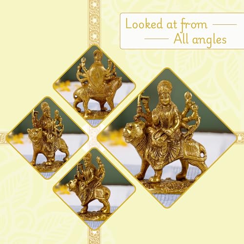 CRAFTHUT Brass Durga Maa Idol – 5.3Inch (850g) Goddess Sherawali Statue Sitting on Lion for Home Temple, Office & Navratri Pooja Décor - Image 3