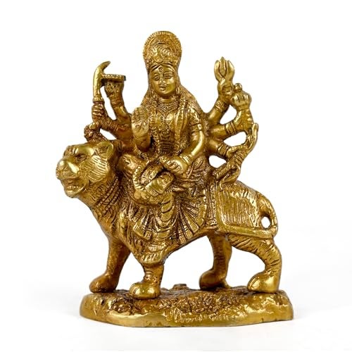 CRAFTHUT Brass Durga Maa Idol – 5.3Inch (850g) Goddess Sherawali Statue Sitting on Lion for Home Temple, Office & Navratri Pooja Décor - Image 1