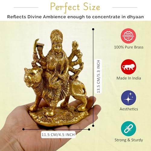 CRAFTHUT Brass Durga Maa Idol – 5.3Inch (850g) Goddess Sherawali Statue Sitting on Lion for Home Temple, Office & Navratri Pooja Décor - Image 4